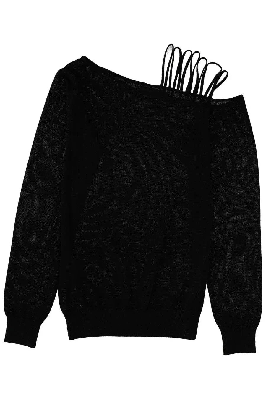 Black off-the-shoulder lace sweater with thin strap detailing made from lamé yarn knit by circus hotel women’s collection