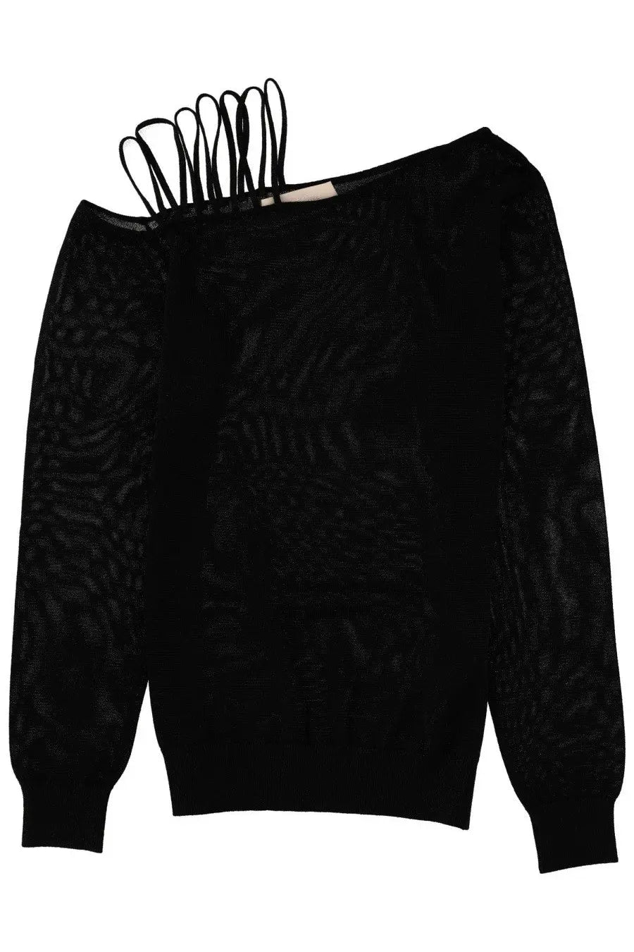 Back view of circus hotel women’s black off-the-shoulder knit sweater with lamé yarn and lace-up back detail