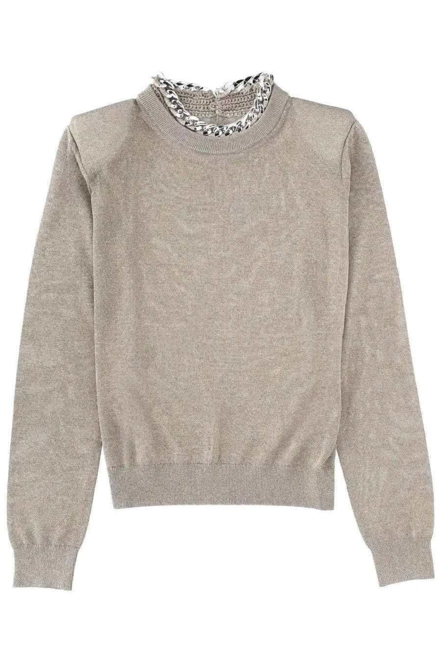 A taupe knit sweater with a bold silver chain-link collar detail from Circus Hotel womens link grey collection