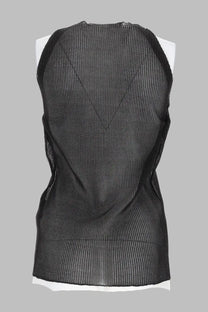 Back of circus hotel women’s lurex top black showing sleeveless black ribbed mesh fabric with v-shaped seam