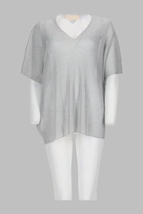 Circus Hotel women’s maglia silver light gray semi sheer ribbed knit top with v neck and short sleeves