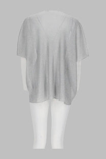 Circus Hotel women’s maglia silver sheer silver metallic knit top with short sleeves and v-neckline