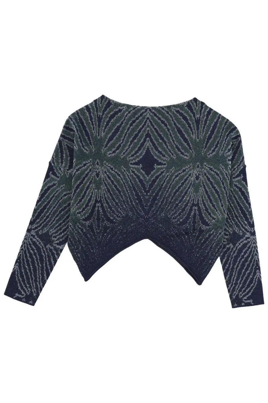 Circus hotel women’s mesh dark blue cropped sweater with a shimmering silver and green geometric pattern