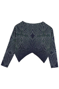 Circus hotel women’s mesh dark blue cropped sweater with a shimmering silver and green geometric pattern