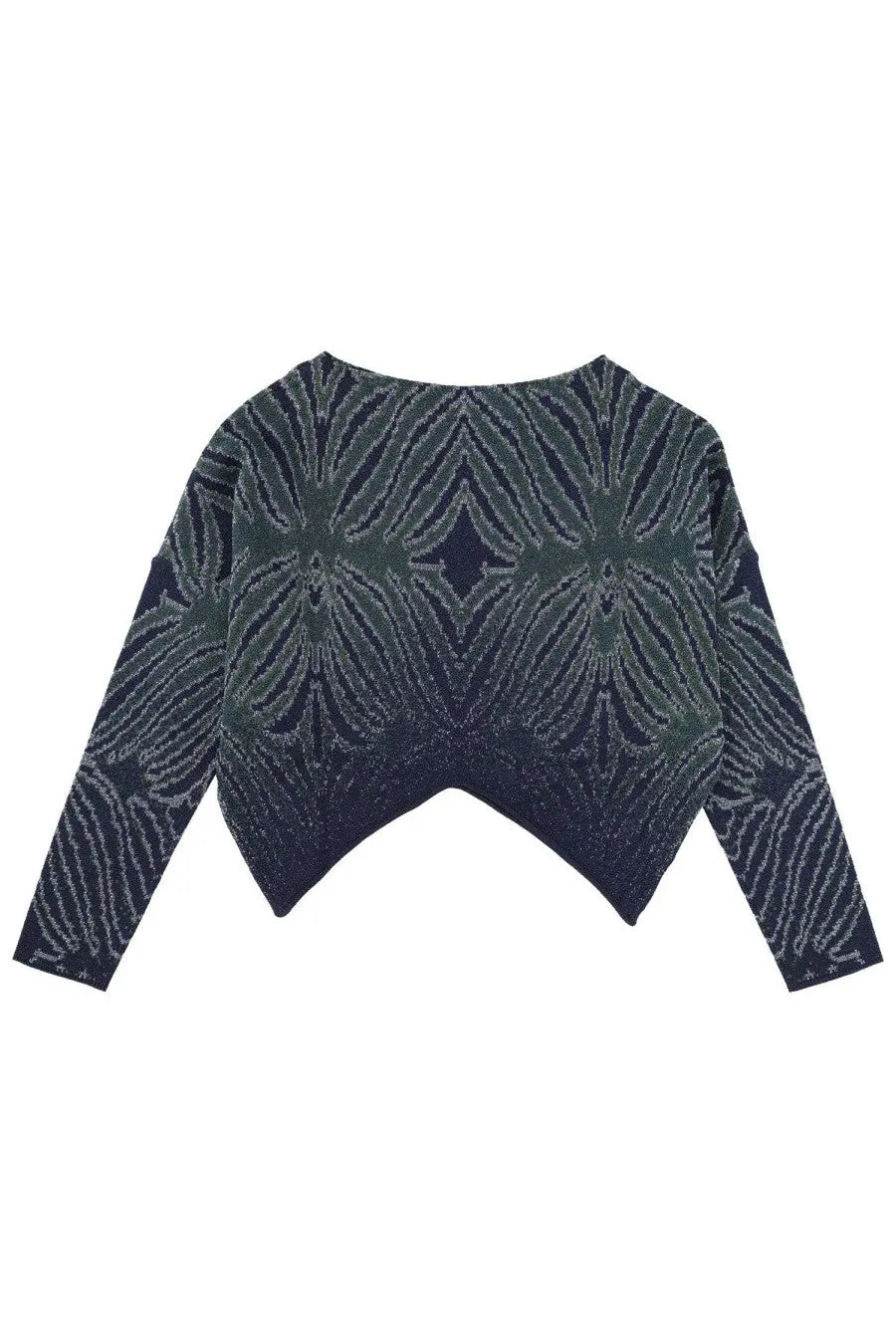 Circus Hotel women’s dark blue long-sleeved knit sweater with shimmering geometric mesh multicolor pattern