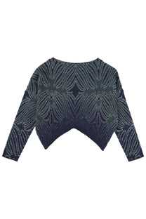 Circus Hotel women’s dark blue long-sleeved knit sweater with shimmering geometric mesh multicolor pattern