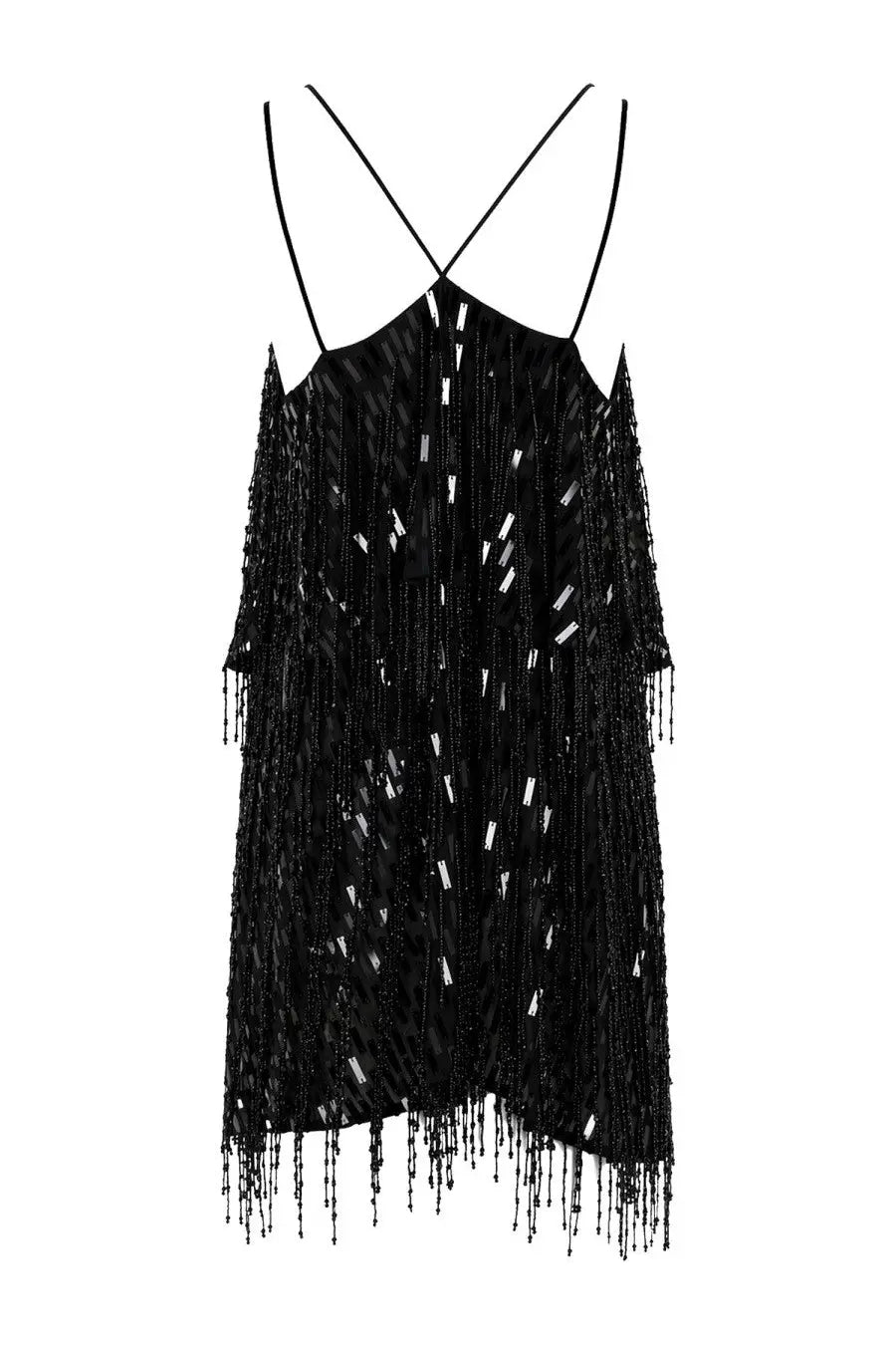 Back view of Circus Hotel women’s black mini dress with beaded fringe and thin spaghetti crisscross straps