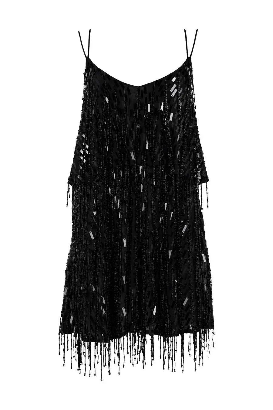 Circus hotel women’s black mini dress with sequined and beaded fringe and thin spaghetti straps