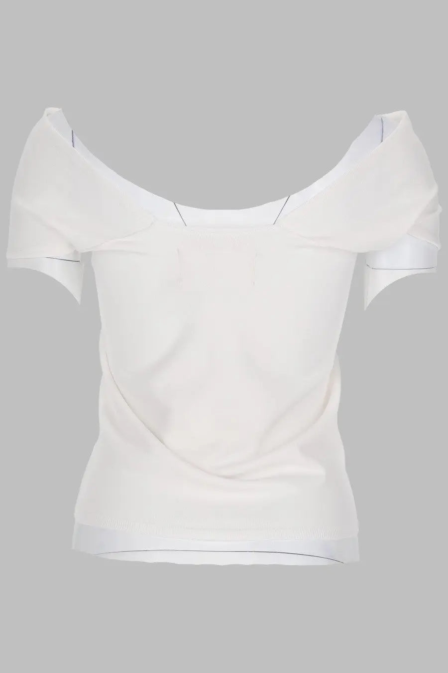 Circus Hotel women’s white off-the-shoulder top with short sleeves and draped ruffled neckline detail