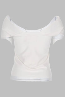 Circus Hotel women’s white off-the-shoulder top with short sleeves and draped ruffled neckline detail