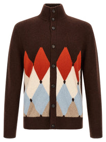 Ballantyne Classic Diamond Diamond Intarsia Cardigan Brown