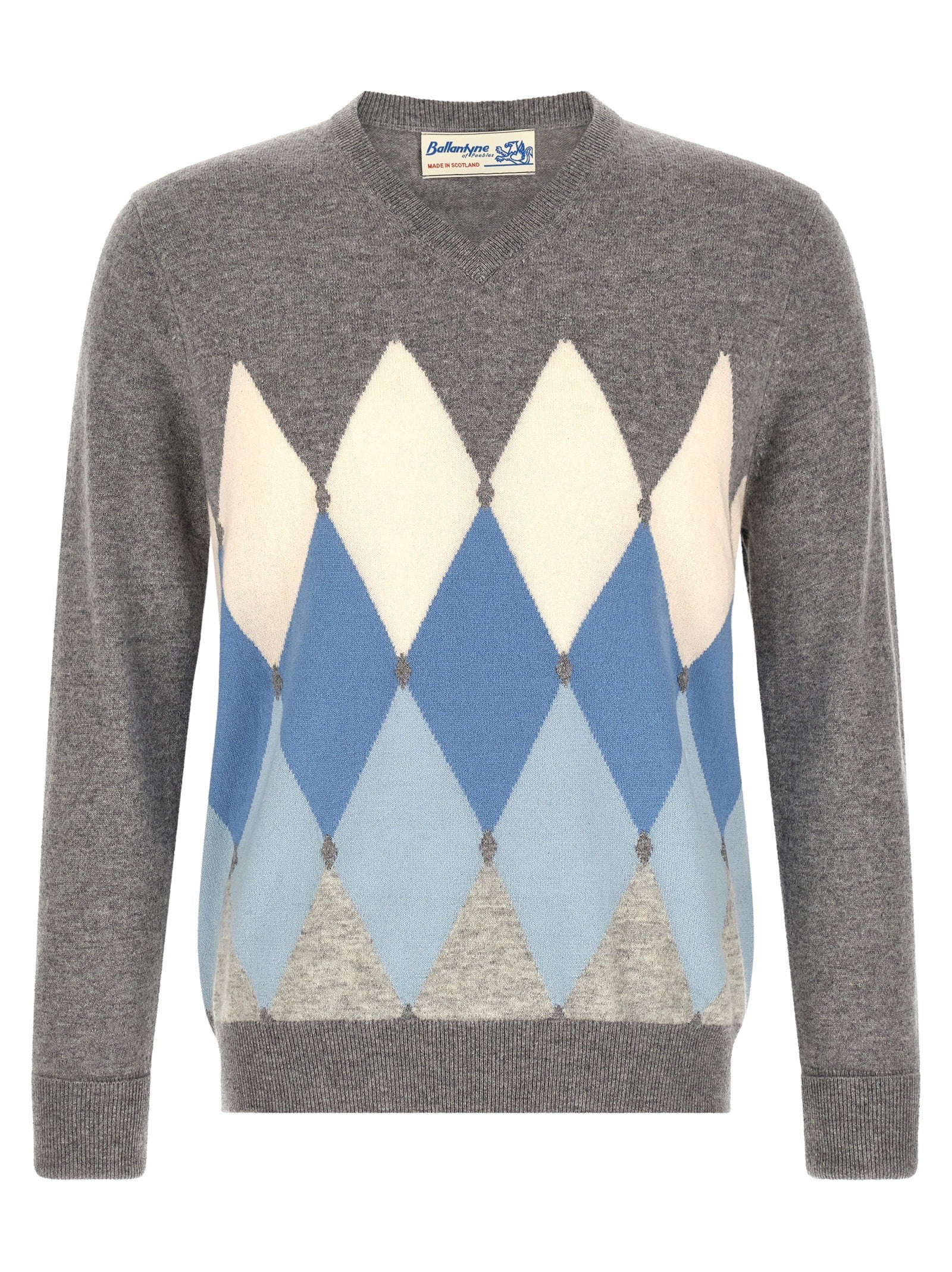 Ballantyne Classic Diamond Intarsia Sweater Grey