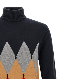 Ballantyne Classic Diamond Intarsia Turtleneck Sweater Blue