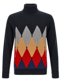 Ballantyne Classic Diamond Intarsia Turtleneck Sweater Blue