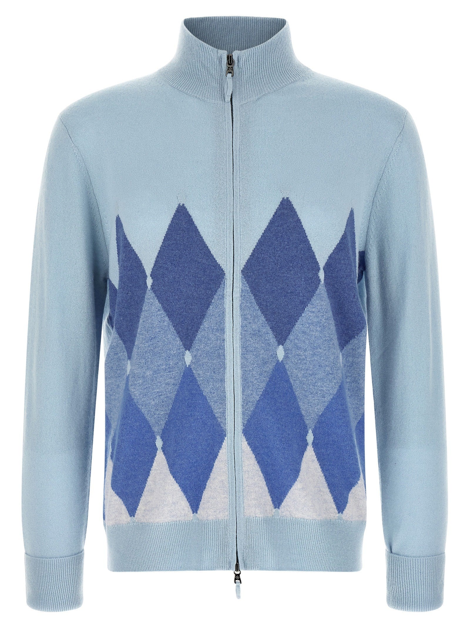 Ballantyne Classic Diamond Intarsia Zip Cardigan Blue