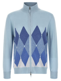 Ballantyne Classic Diamond Intarsia Zip Cardigan Blue