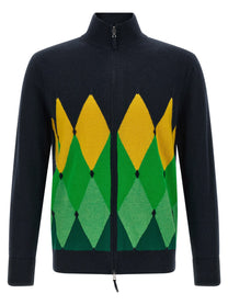 Ballantyne Classic Diamond Intarsia Zip Cardigan Blue
