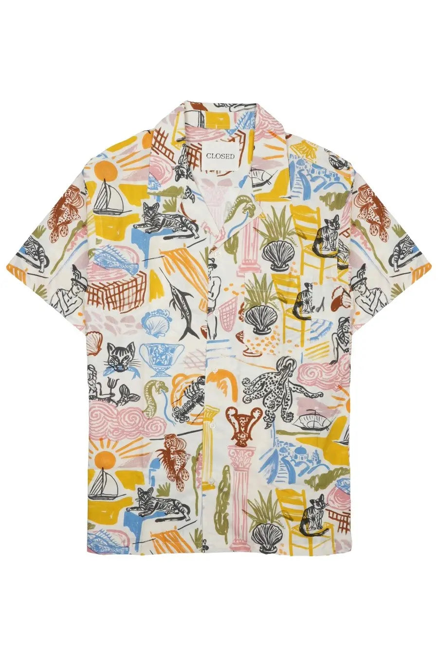 Closed men’s camicia in cotone con stampa multicolor vibrant short-sleeved shirt with playful cat and seafood print on cream background