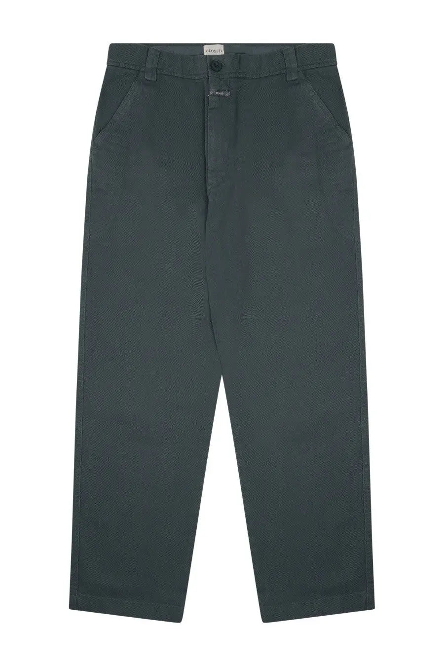 Dark green straight-leg chino trousers with button closure and belt loops shown from the front for men