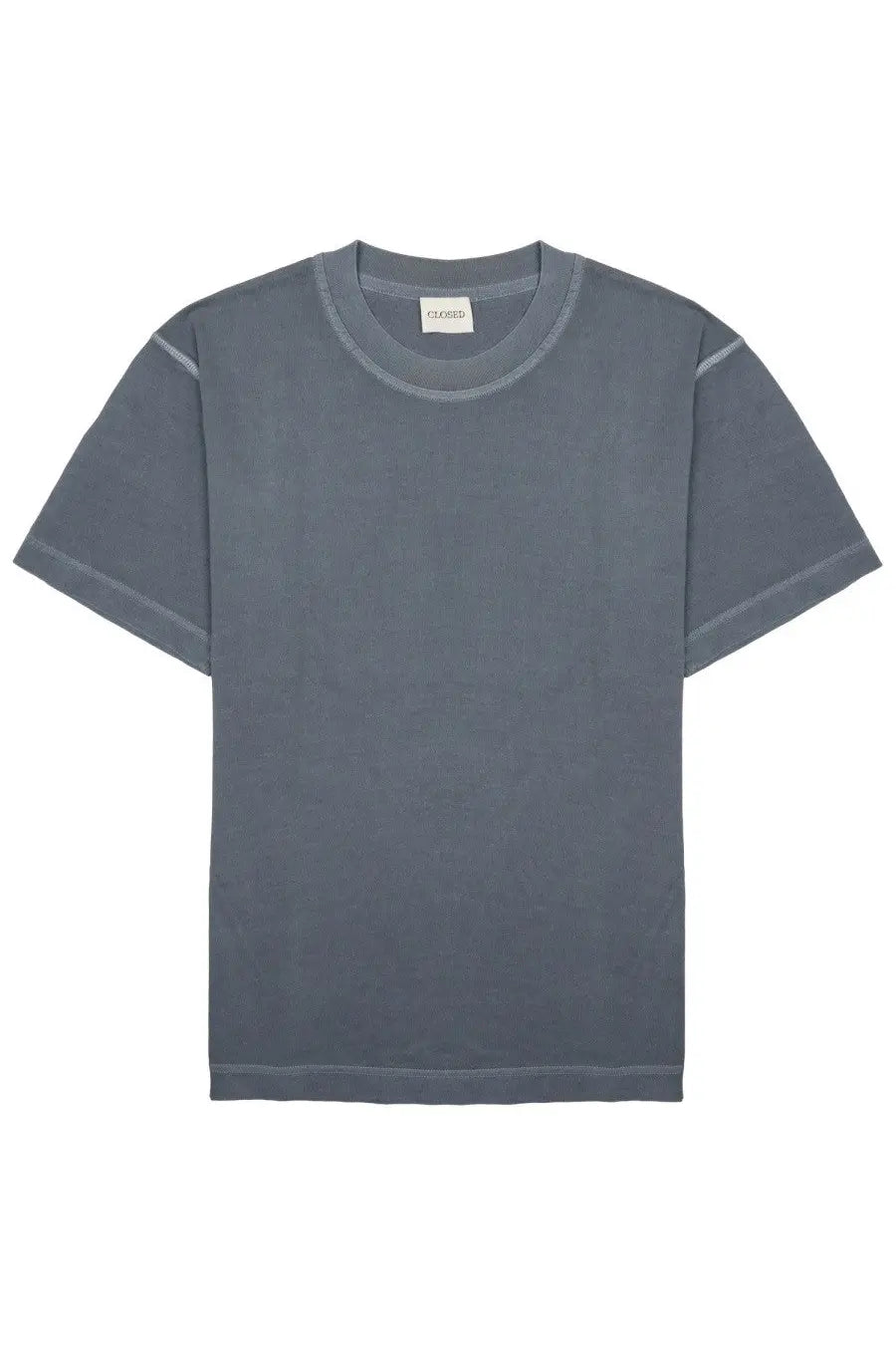 Closed men’s gray cotton t-shirt with subtle contrast stitching along the neckline and sleeve hems