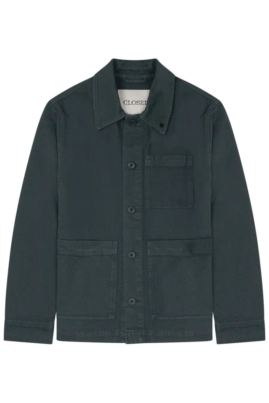 Closed men’s utility jacket blue dark green with classic collar button-front and two large patch pockets