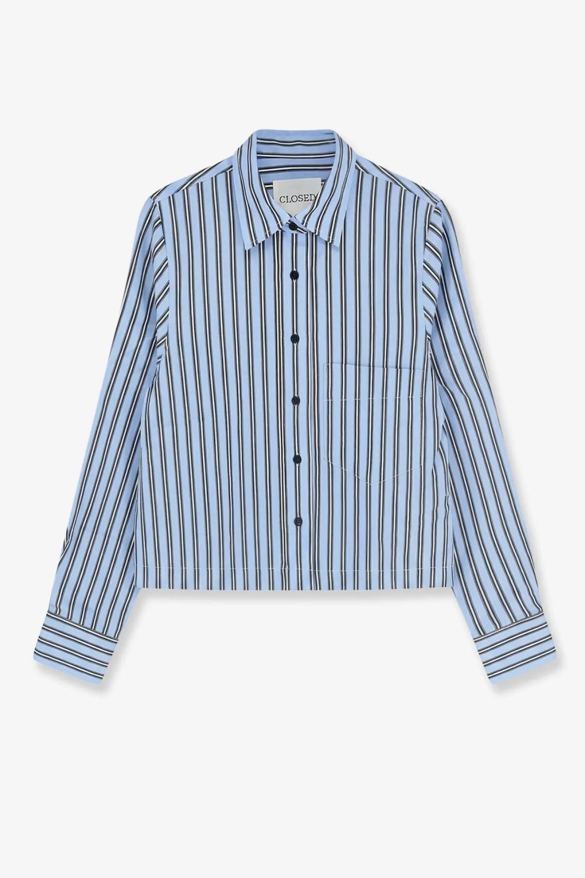 Closed women’s classic cropped shirt blue with light blue and black vertical stripes and dark buttons in long sleeves