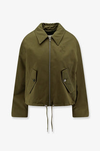 Closed women’s cotton jacket green olive with collar front zipper and buttoned flap pockets cropped style