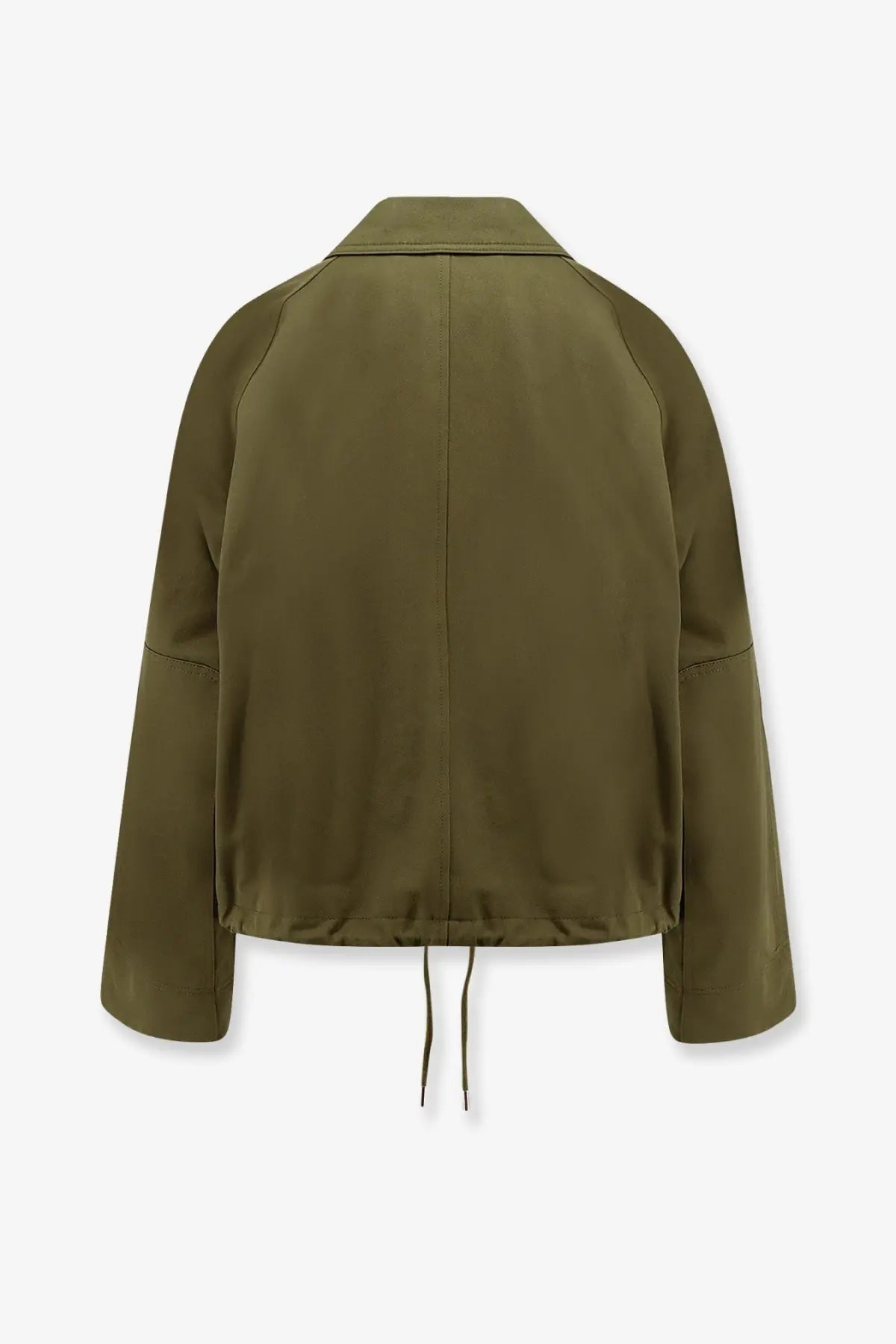 Olive green utility jacket with a drawstring hem and raglan sleeves.