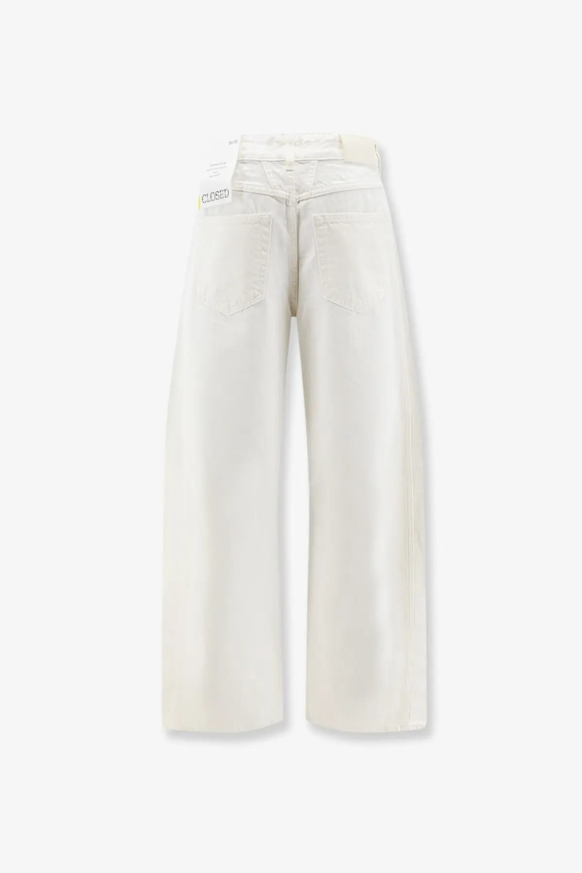 Cream-colored wide-leg cotton trousers with relaxed fit and classic back pockets shown from the back side