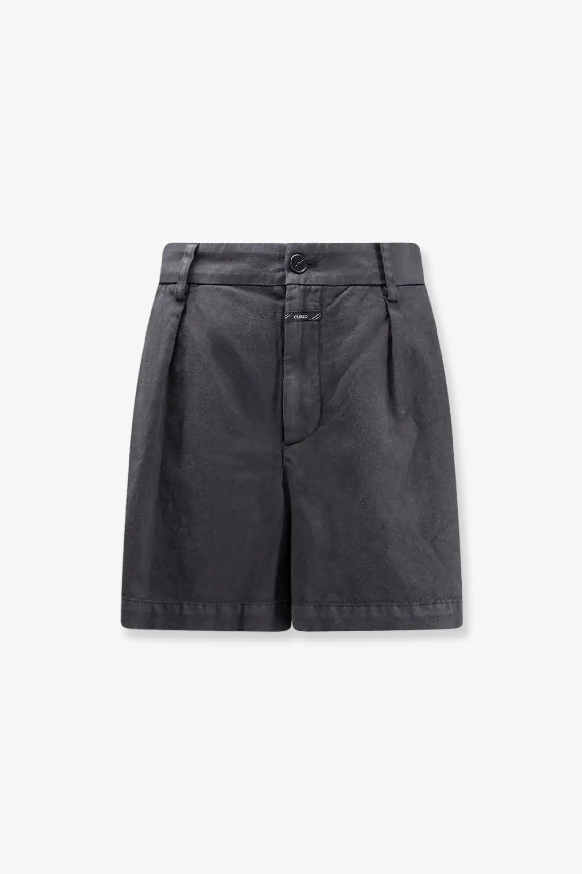 Dark gray closed women’s fevyl cotton and linen blend pleated shorts with button closure and belt loops