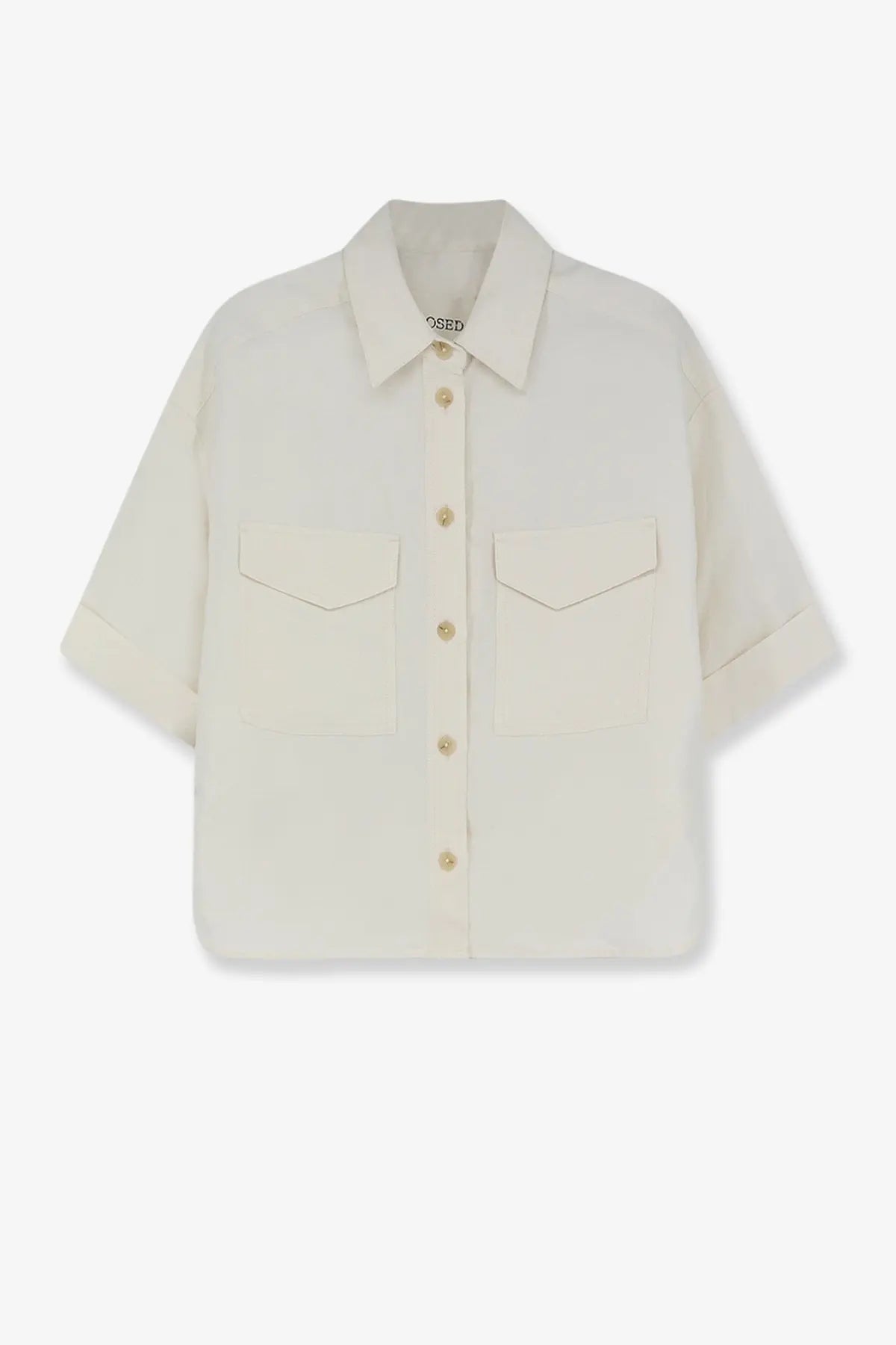 Closed women’s cream-colored short-sleeved linen and viscose shirt with two front pockets and gold-toned buttons