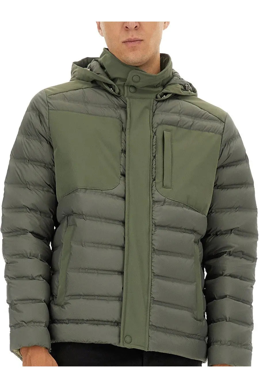 Colmar men’s down jacket green olive green quilted hooded jacket with central zipper and two front pockets