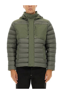 Olive green quilted colmar men’s down jacket with hood and front zipper for cold weather warmth and comfort