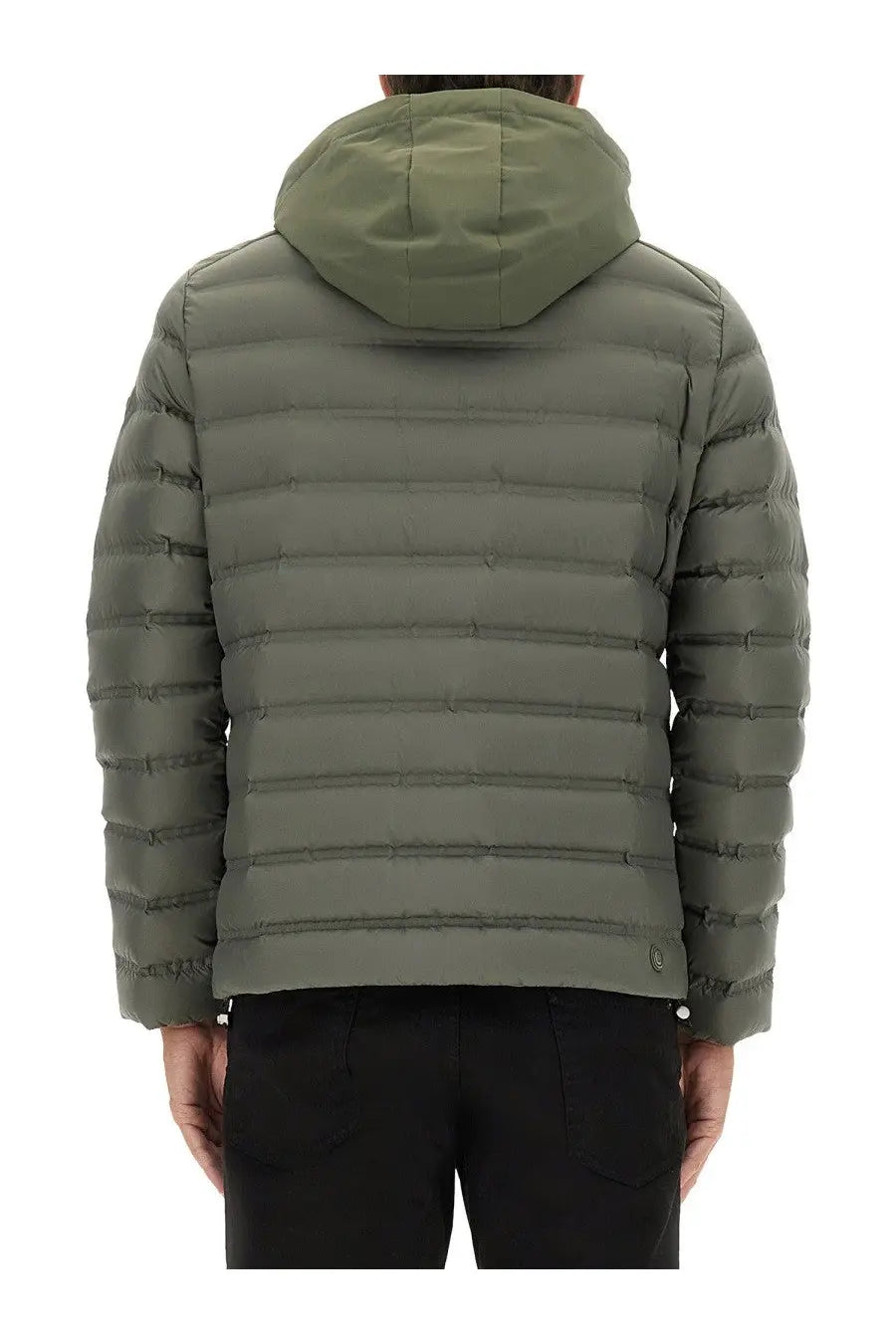 Olive green quilted puffer jacket with matching hood by colmar men featuring down insulation for warmth