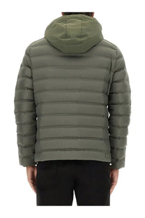 Olive green quilted puffer jacket with matching hood by colmar men featuring down insulation for warmth