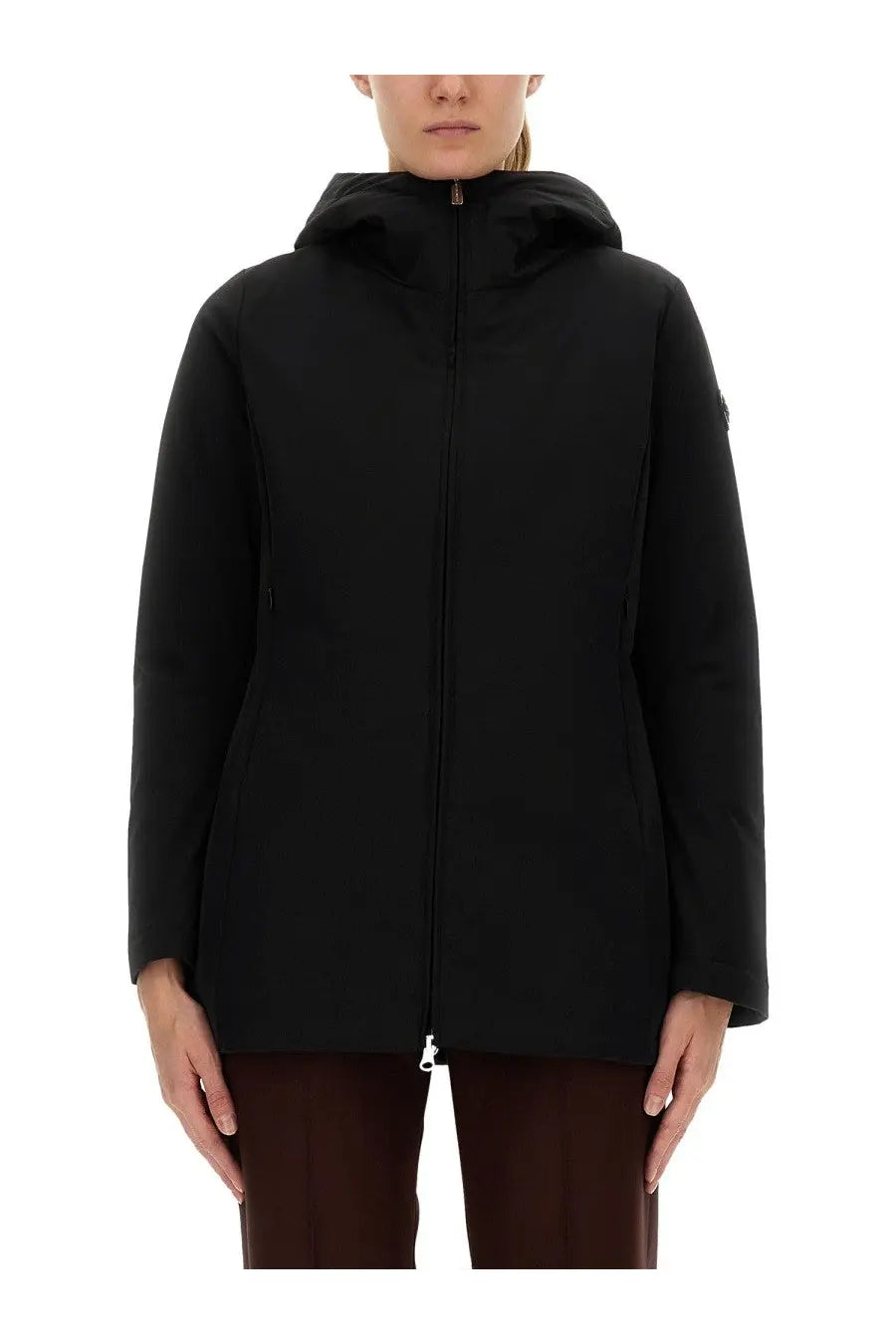 Colmar women’s black down jacket with a sleek hooded design and subtle branding on the sleeve