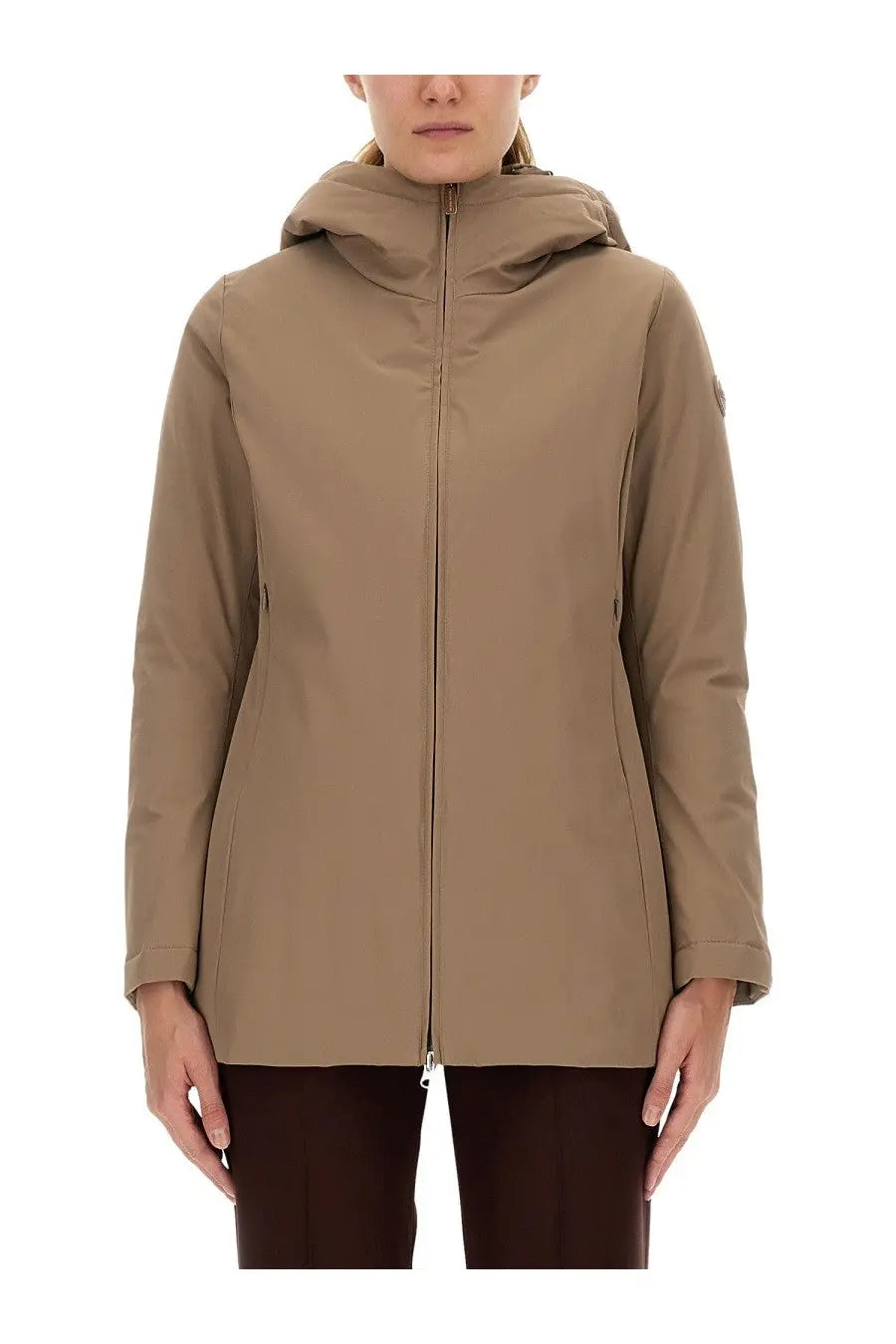 Colmar women’s brown beige hooded waterproof down jacket with sleek modern design and subtle sleeve logo