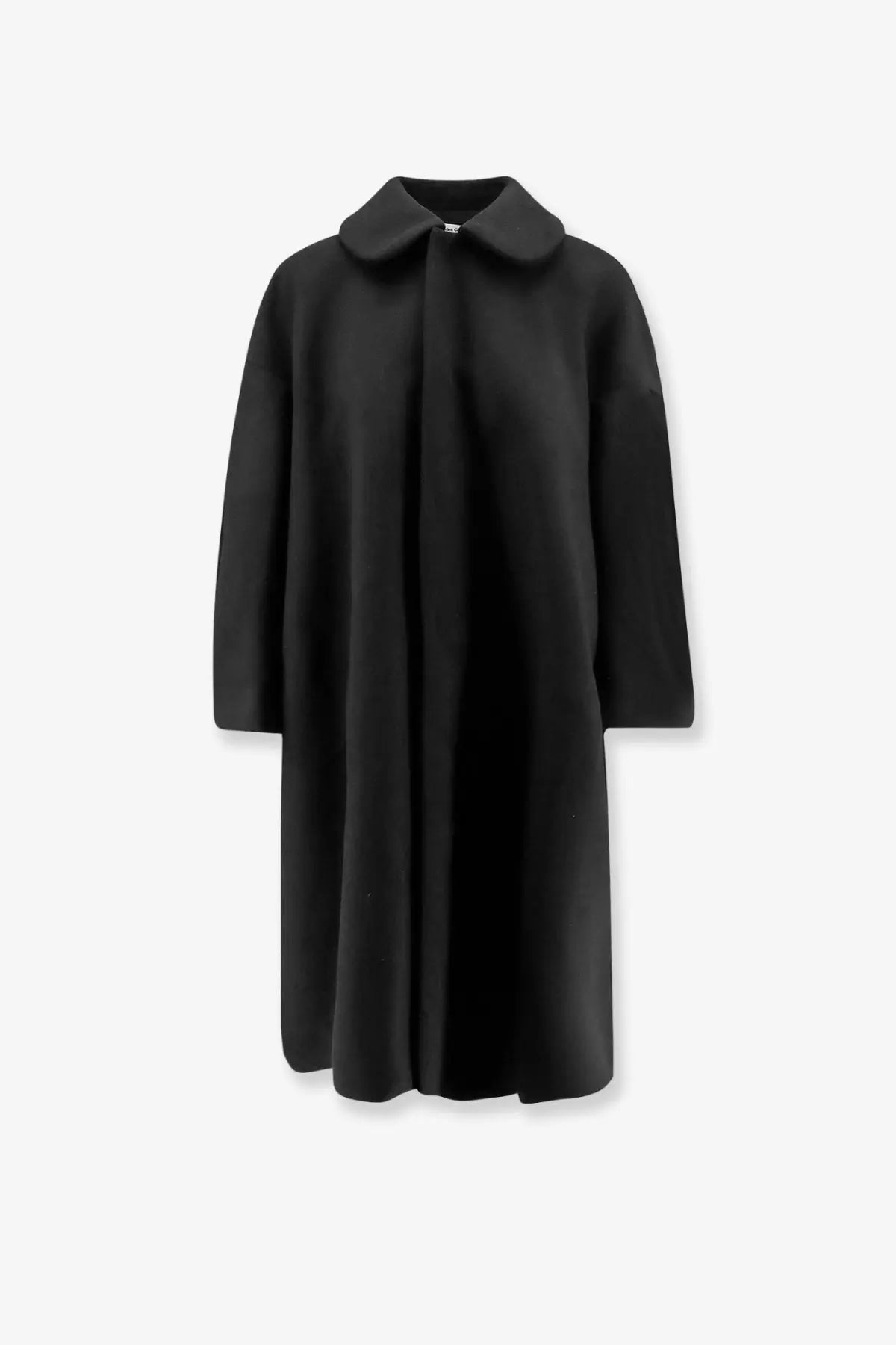Black wool coat with classic collar and straight-cut silhouette from comme des garcons play womens collection