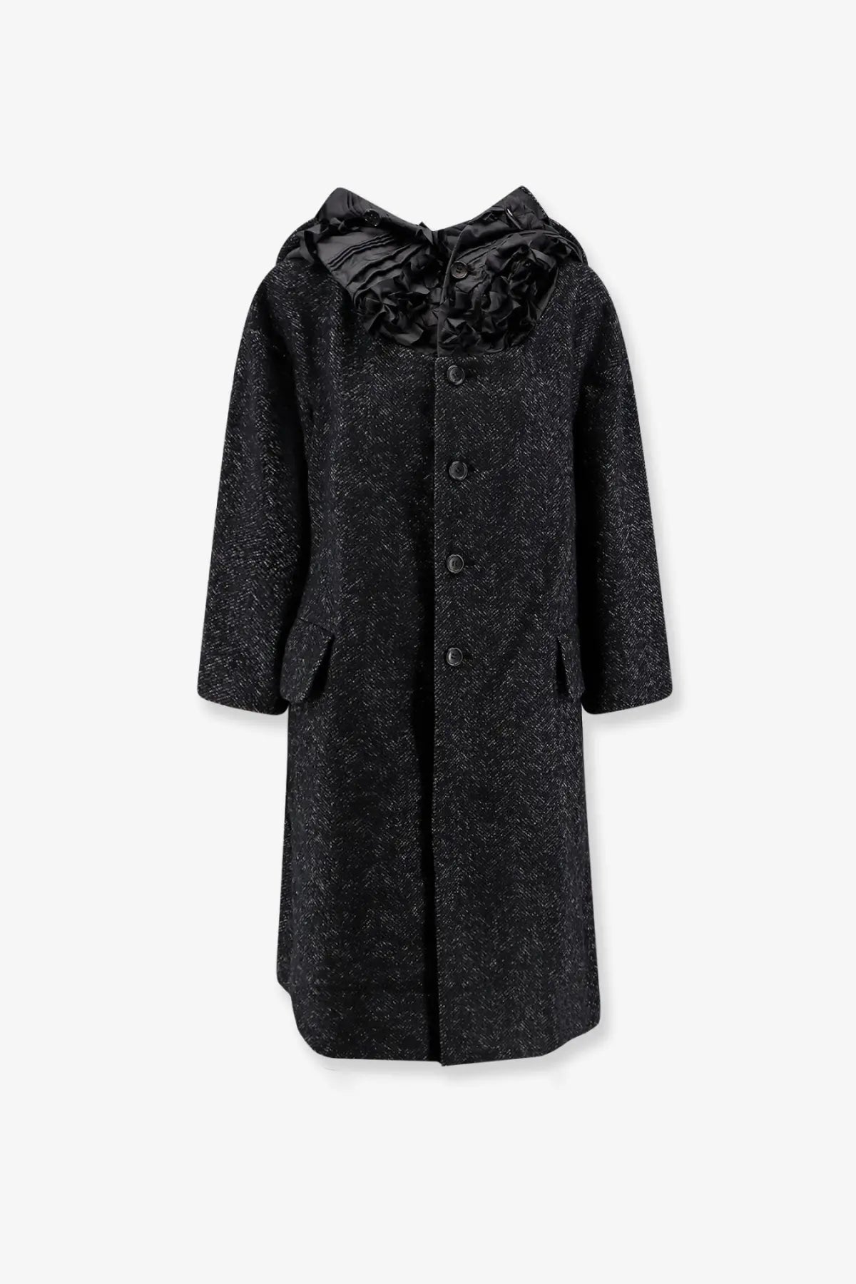 Comme des garcons play women’s wool coat white featuring a black textured coat with ruffled satin collar and buttons