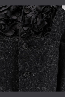 Comme des garcons play women’s black wool coat with textured fabric ruffled collar and matching buttons