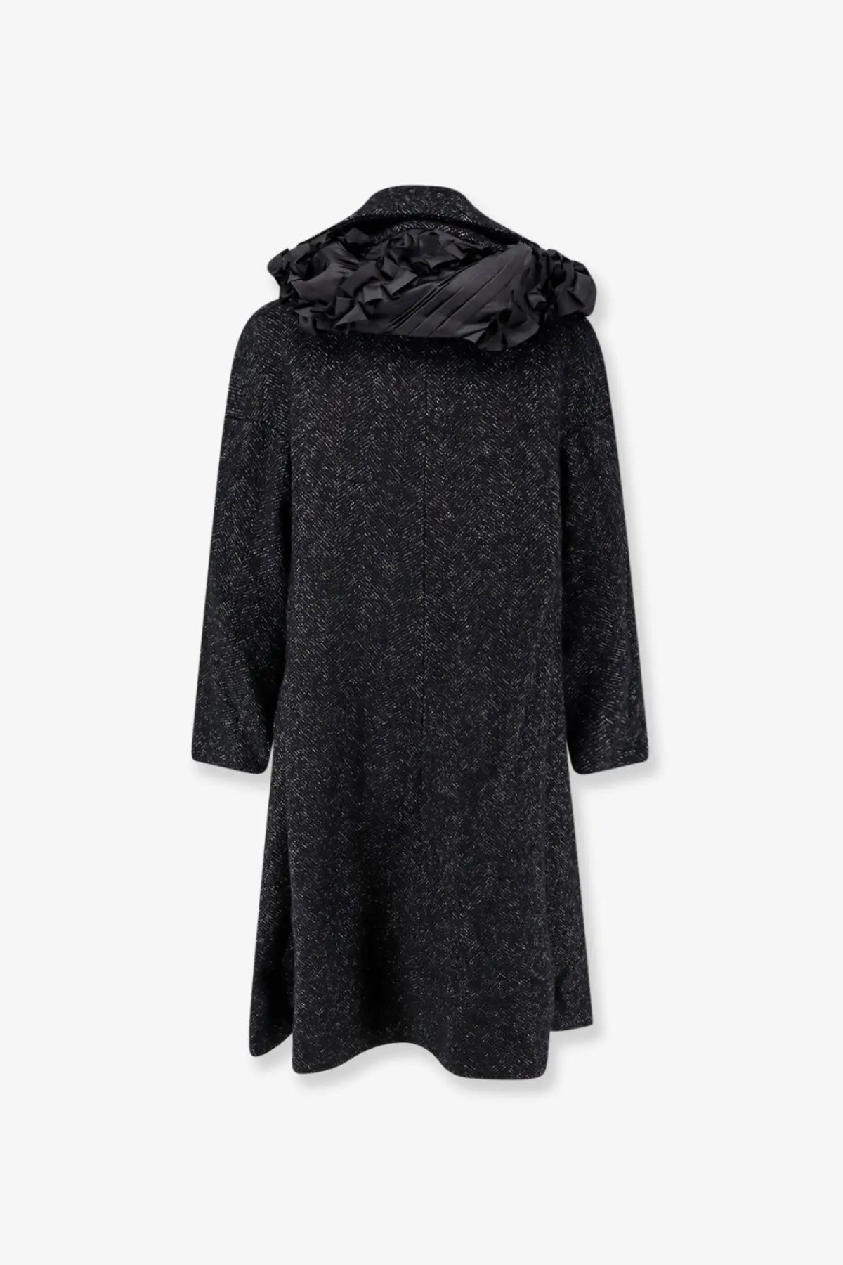 Black textured wool coat with a ruffled hood from Comme Des Garcons Play women’s white collection