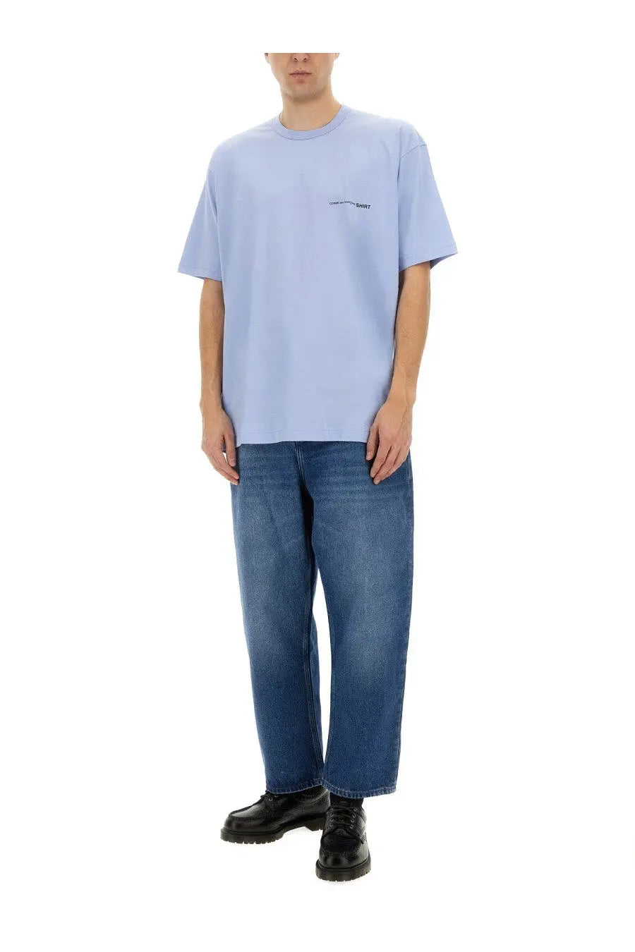 Light blue oversized short-sleeved cotton t-shirt with small black embroidered logo on left chest by Comme Des Garcons Shirt