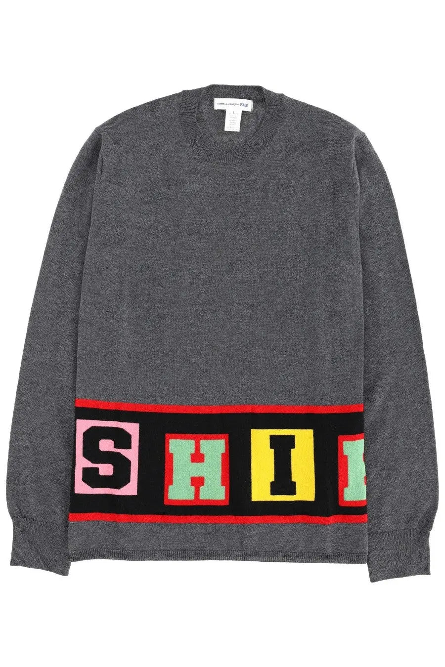 Comme des garcons shirt men’s gray knit sweater with bold colorful shii graphic band on lower front