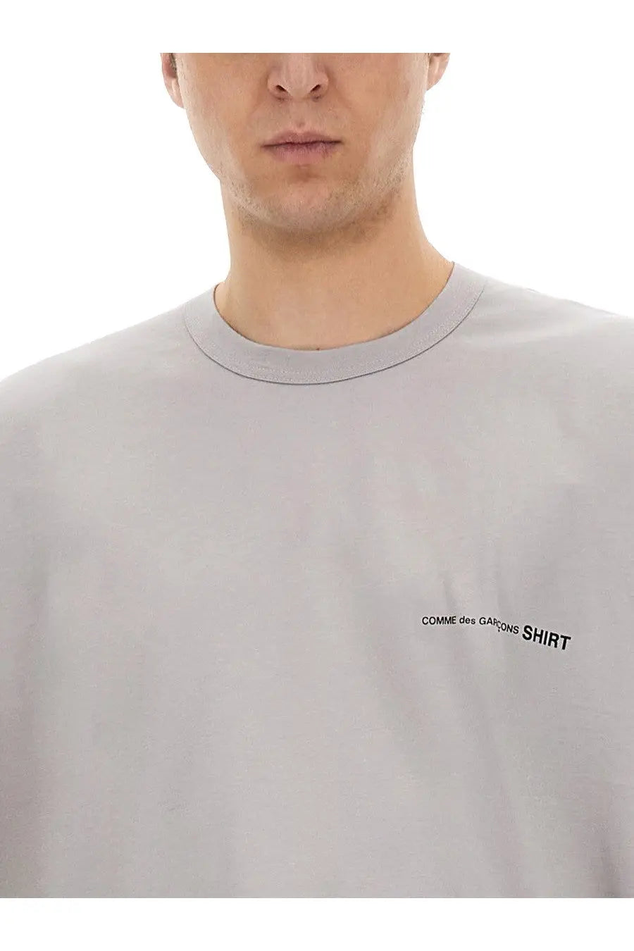 Light gray cotton crewneck Comme Des Garcons Shirt men’s shirt with black embroidered logo on left chest