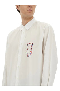 Comme des garcons shirt men’s white poplin button-down shirt with colorful embroidered bear design on chest
