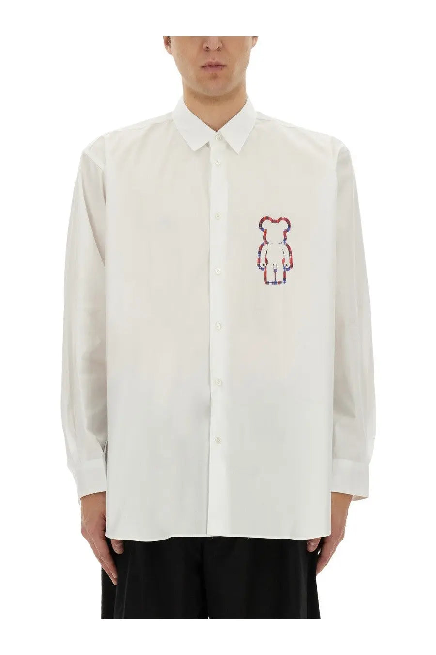 Comme des Garcons shirt men’s white poplin long-sleeved button-up with colorful embroidered bear on left chest