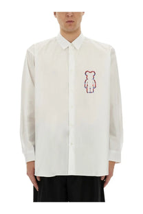 Comme des Garcons shirt men’s white poplin long-sleeved button-up with colorful embroidered bear on left chest