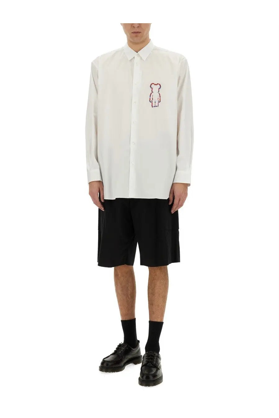 Comme des Garcons shirt men’s white poplin long-sleeved button-up with small embroidered bear on left chest