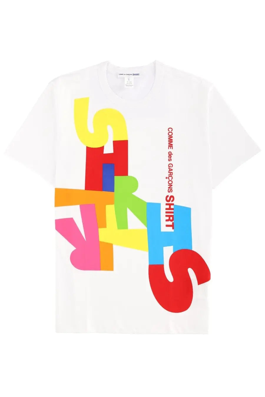 White cotton comme des garcons men’s t-shirt with bold colorful versus graphic in oversized block letters