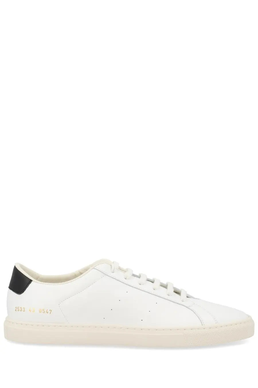 Common Projects men’s sneaker Achilles white leather low-top with black heel tab and gold branding on the side